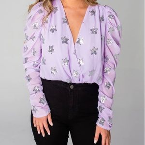 Buddy Love The Joan Top Size Large Purple Silver Star Sequin Long Sleeve
